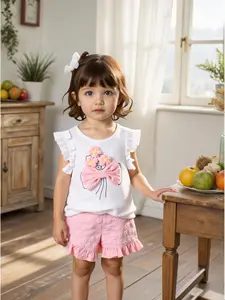 Girls' Summer Fresh Fashion Comfortable Bow Tie Shoulder Top and Floral Print Short Set, Stylish for Playtime, Children, Casual Clothes