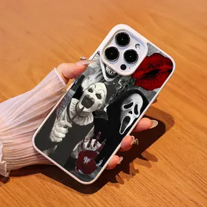 Horror Characters Collage (Clown, Ghost Face, Bloody Hand) Phone Case for iPhone 11-16/16E/Mini, Shock & Drop Resistance & Anti-Slip Acrylic Fingerprint Magnetic Wireless