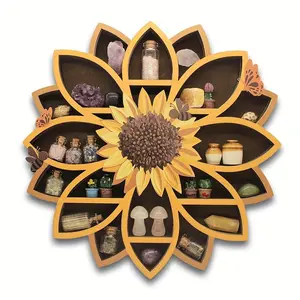 FNYDOX 1pc FNYDOXGI Wooden Sunflower Floating Shelves Wall-Mounted Organizer - UV Printed Spiritual Decor with Gemstones & Essential Oils, Multi-Functional Storage for Living Room, Meditation Space, Polished Finish