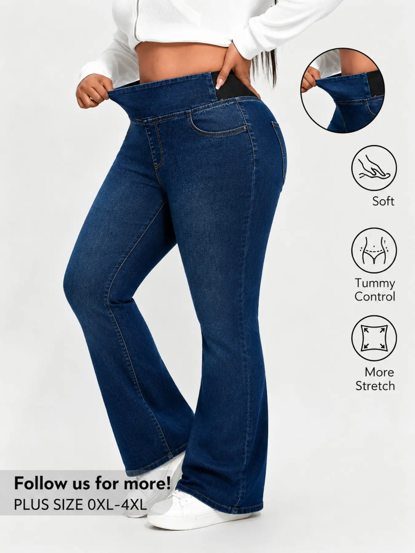 Women's Plus Size Curvy High Elastic Waist Stretchy Denim Jeans with Pockets, Washed Slim Fit Bootcut Bell Bottoms, Comfortable Breathable Cotton Feel, All Seasons, Leg Shaping, Casual Everyday Office Wear, Chic