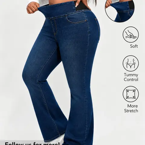 Women's Plus Size Basic Curvy High Elastic Waist Stretchy Denim Jeans with Pockets, Washed Slim Fit Bootcut Bell Bottoms, Comfortable Breathable Cotton Feel, All Seasons, Leg Shaping, Casual Everyday Office Wear, Chic