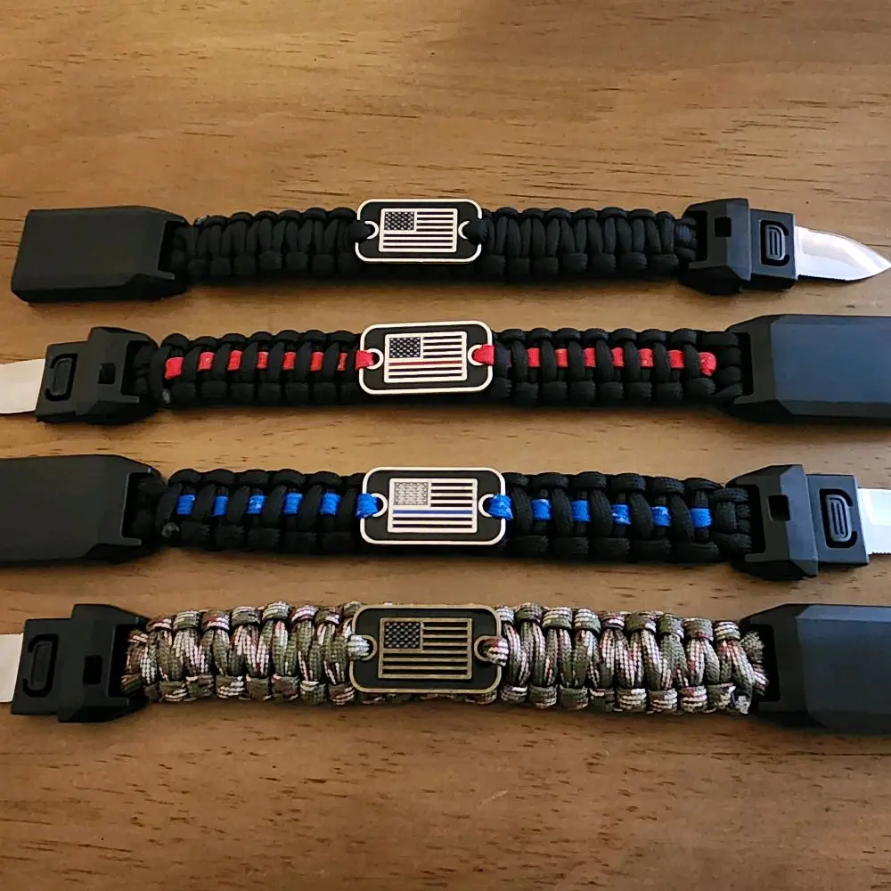 Hand-made paracTacti-Cool Patriot Utility Bracelets - Black Red Blue & Camo Designs with American Flag Charms