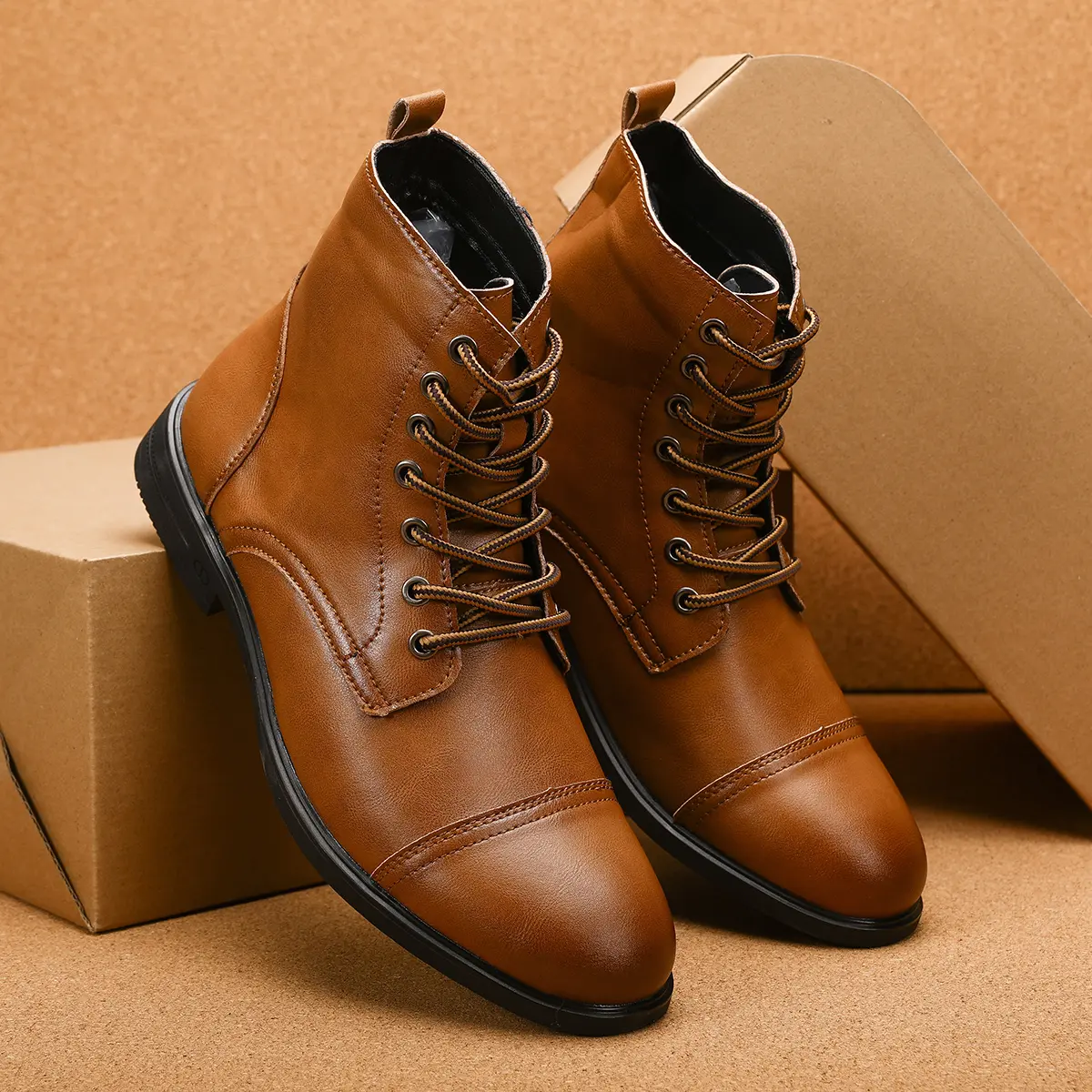 Men's Combat Boots Flat Lace-up Leather Ankle Booties Casual Comfortable Classic Leather Dress Shoes