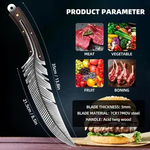 Professional Chef's Knife, 1 Count Stainless Steel Feather Design, Leather Sheath, Suitable for Kitchen Outdoor Camping & Barbecue Use - Quill Knife-A