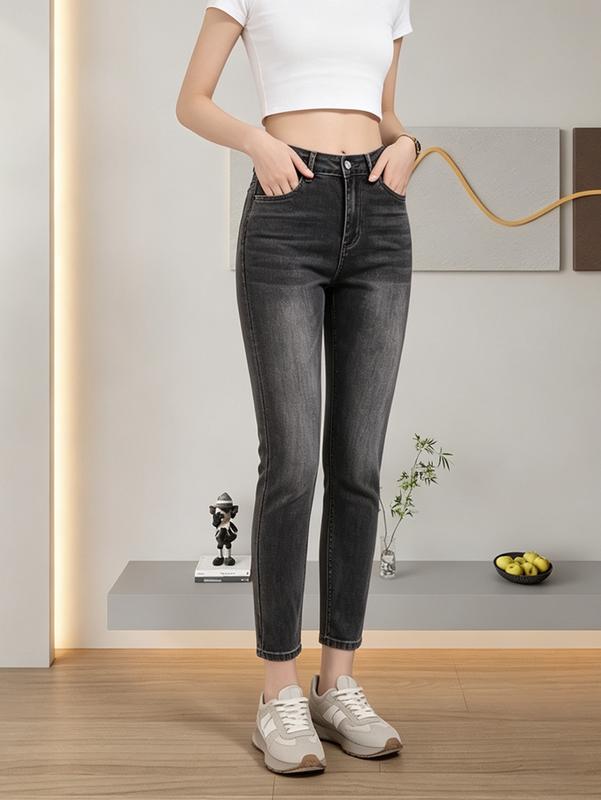 Women's High-Waist Cropped Straight-Leg Cotton Mix Jeans - Washed Gray, Distressed, Side Stitch, Fashion Lady Trousers, Ankle-Length Casual Loose-Fit Y2K Streetwear Bottoms
