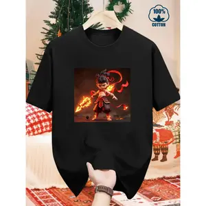 Summer Trend Men's Pure Cotton T-Shirt Nezha Poster Pattern Print Outdoor Wear Men's Fashion Pure Cotton T-Shirt Comfortable Streetwear Outdoor Versatile Gift for Family and Friends Pure Cotton Comfortable Streetwear Outdoor Versatile Gift for Family and