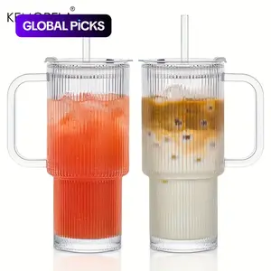 Glass Tumbler with Handle & Lid, 1/2 Counts Large Capacity Iced Coffee Cup with Straw, Modern Glass Mug for Cold & Hot Beverages, Aesthetic Travel Cup, Drinkware, Glass Water Cup