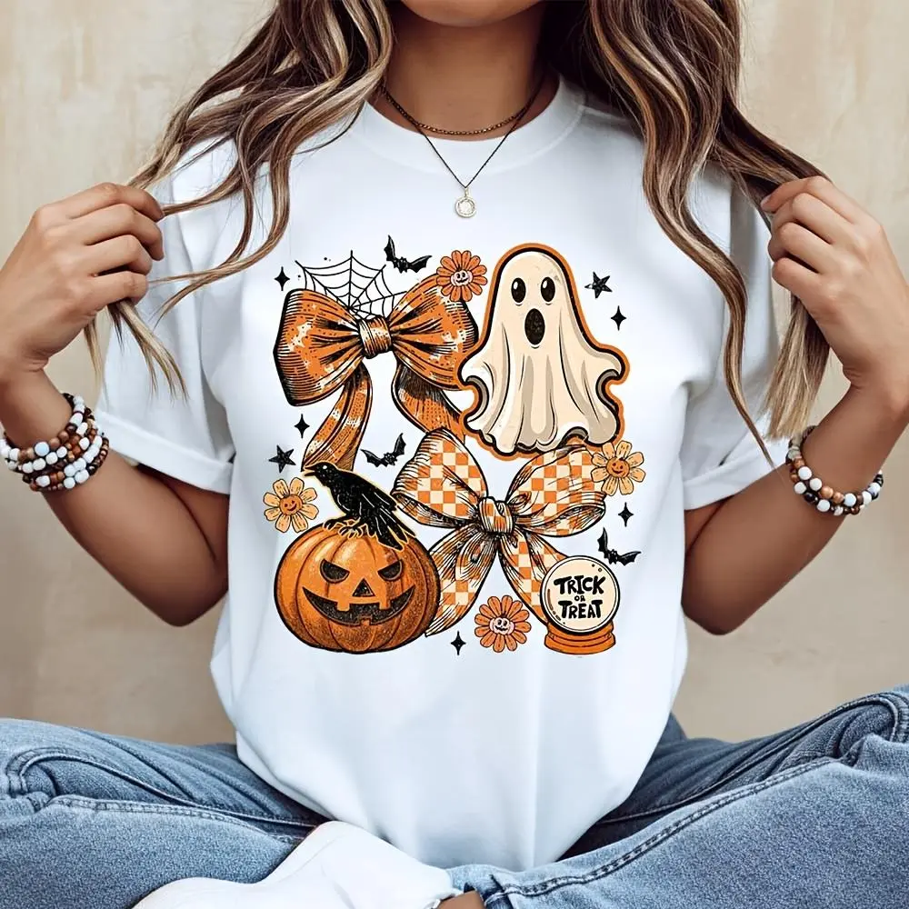 Halloween Ghost Pumpkin Bow Trick Or Treat Print T-Shirt, Cute Autumn Festival Top For Party Costume Casual Wear