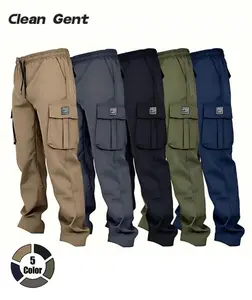 Clean Gent men’s outdoor cargo pants with a drawstring waist, casual flap pockets for everyday wear; street-style men’s all-season bottoms; regular fit, durable outdoor sports cargo pants.