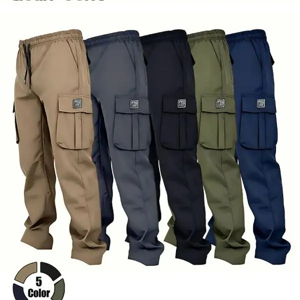 Clean Gent men’s outdoor cargo pants with a drawstring waist, casual flap pockets for everyday wear; street-style men’s all-season bottoms; regular fit, durable outdoor sports cargo pants.