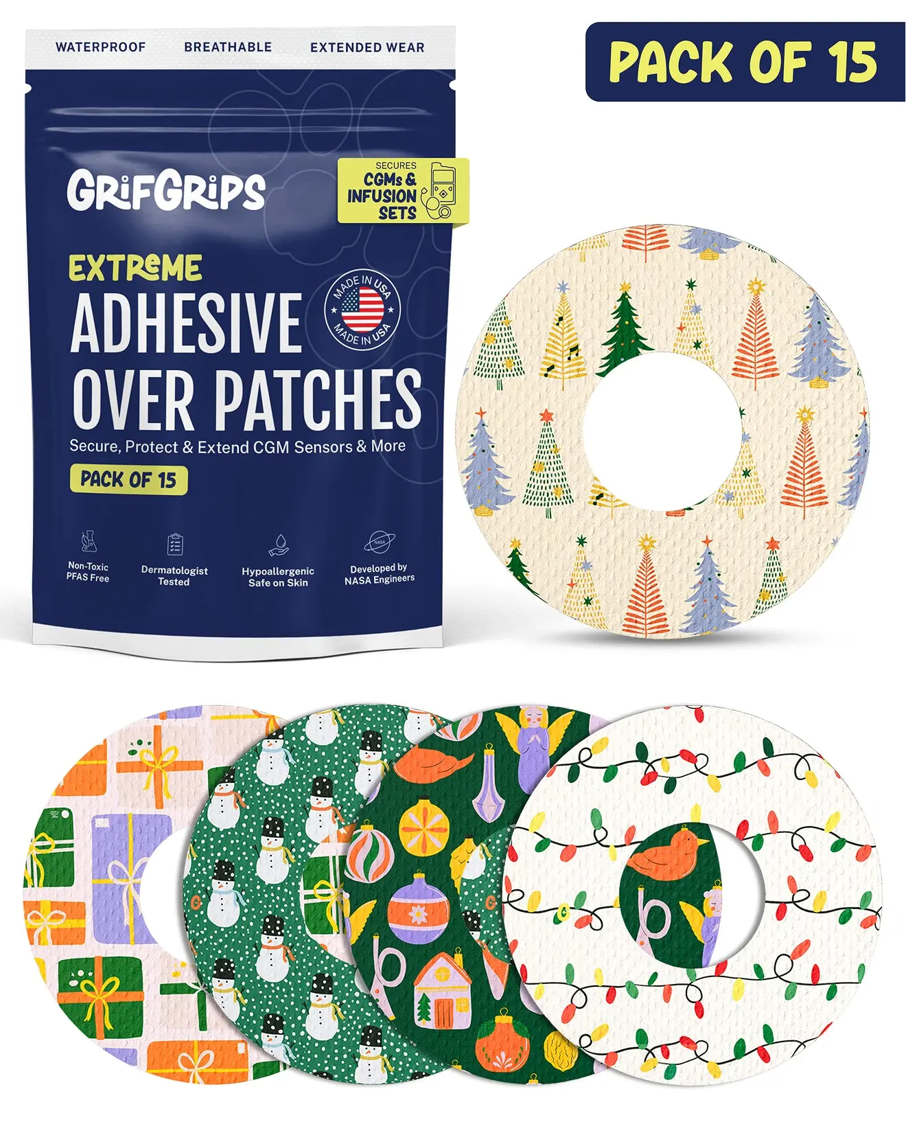 GrifGrips EXTREME - Universal Adhesive Patches - Christmas (15 Pack)