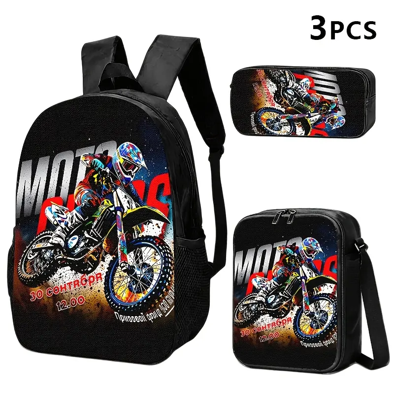 Durable Water Resistant 3-Piece Backpack Set for Teens; Lightweight School Bag with Lunch Box & Pencil Case, Extreme Dirt Bike Rider Moto Racing Splash Print, Breathable Padded Straps, Large Capacity Fits 15-inch Laptop for School, Travel & Outdoor Sport