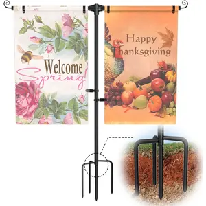 Garden Flag Stand Holder w/4-Prong Base, 3/4 Inch Extra Thick Heavy Duty Yard Flag Holder for Double Small Flags 12x18, Garden Flag Pole for Outside Patio Decor