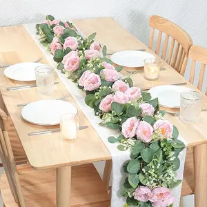 Realistic Eucalyptus Greenery Garland with Gypsophila Roses Fake Flowers 180cm for Wedding Party Decoration Romantic French Forest Style