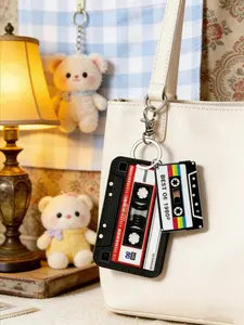 Retro cassette tape black and white card holder with cassette tape pendant, suitable for packaging decoration, keychains, storing ID cards, membership cards, photos, address cards, or as a protective cover. Suitable for daily use.