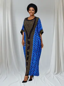 Crescenza Elegant African Print Kaftan Maxi Dress Rhinestones Embellishment 25002