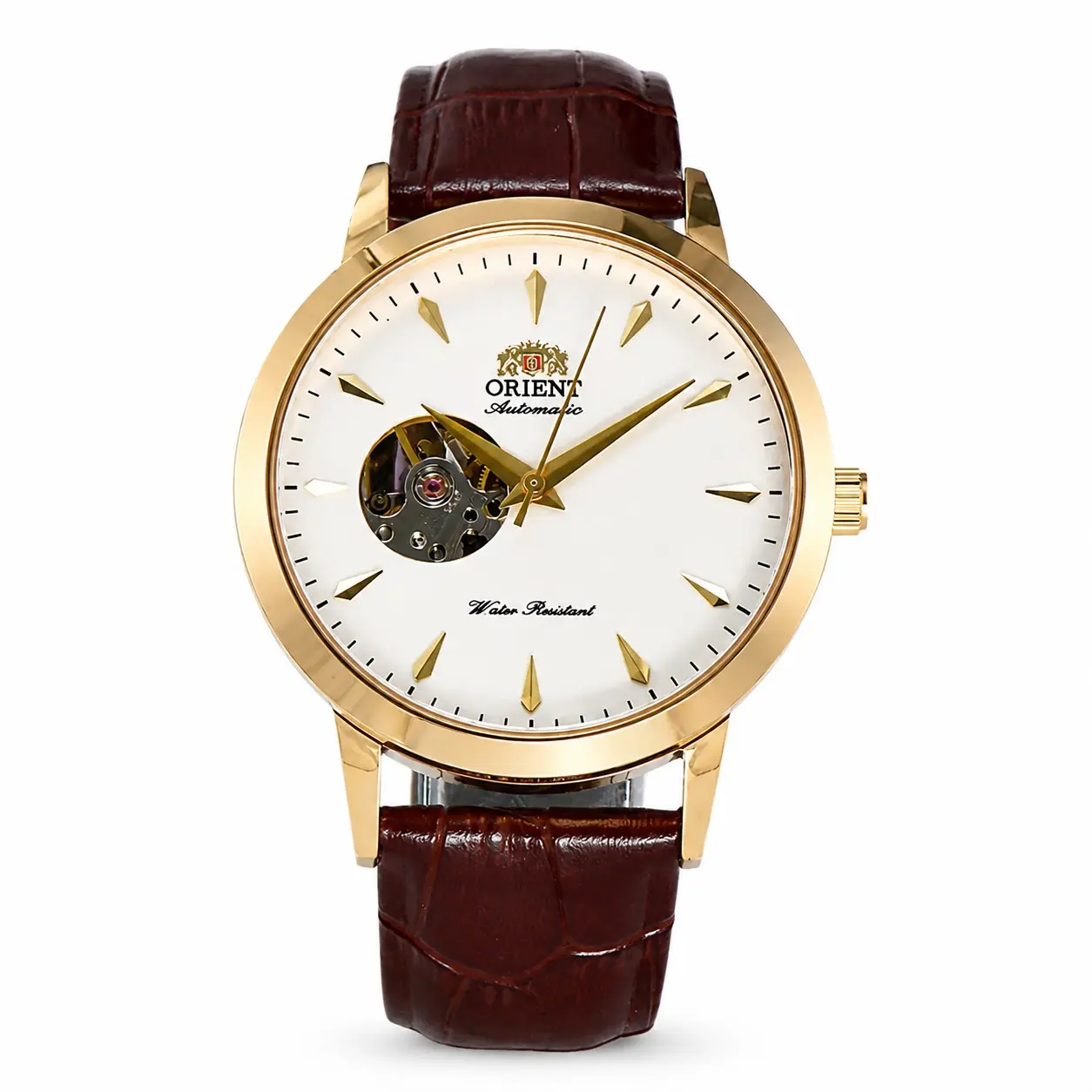 Orient Men's Gold-Tone Skeleton Automatic Mechanical Watch, White Open-Heart Dial, Exposed Movement, Brown Crocodile-Pattern Leather Strap, Water-Resistant Classic Business Dress Wristwatch, Gentlemen's Gift