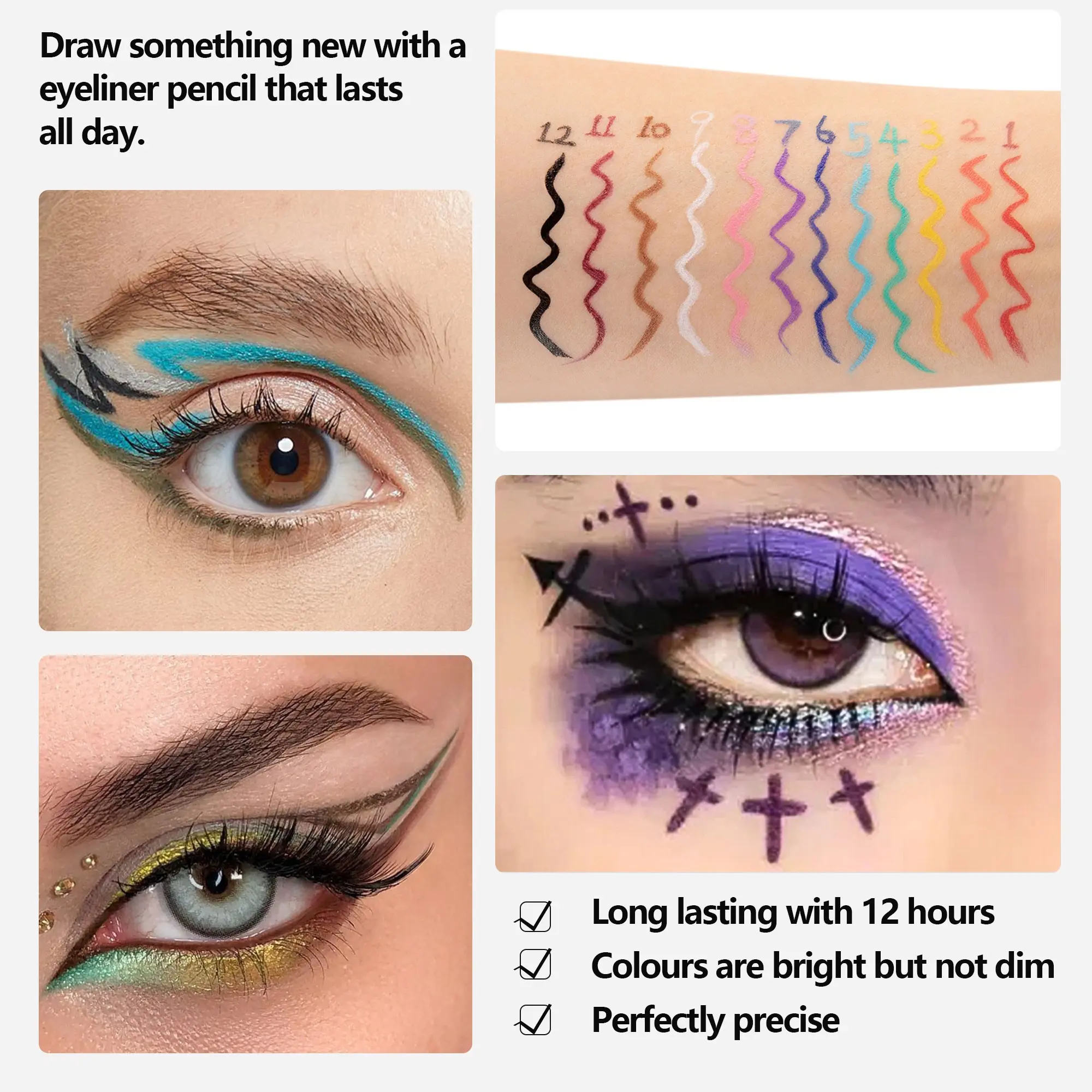 12 Color Liquid Eyeliner Pen, Waterproof and Smudge-Proof, Neon Creative Eye Liner, High Pigment Multicolor, Perfect for Festive and Creative Makeup