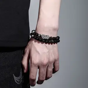 Silver Obsidian Pixiu Bracelet Men's Black Obsidian Multi-Wrap Beaded Bracelet Women Double-Layer Design Hand Jewelry Birthday Gift for Boyfriend