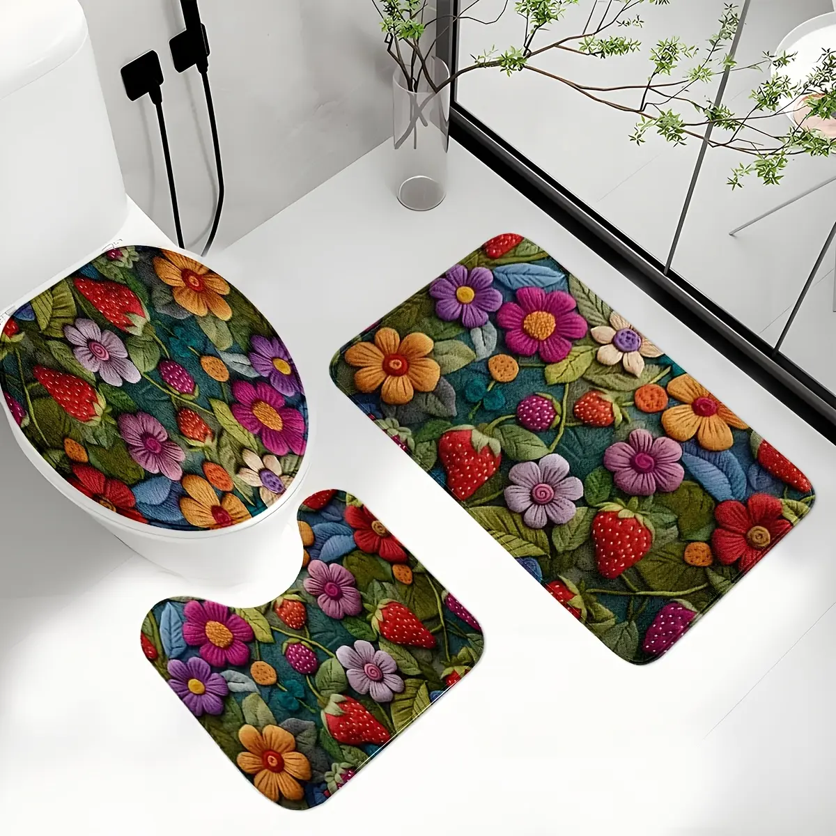 1pc/3pcs Spring-Summer Strawberry Floral Pattern Toilet Mat, Bath Mat, Available Individually or as a Set, Non-Slip U-Shaped Mat, Sizes 38*45cm, 35*45cm, 45*75cm, Hand Wash Only, Polyester Material,bathroom,shower,floor