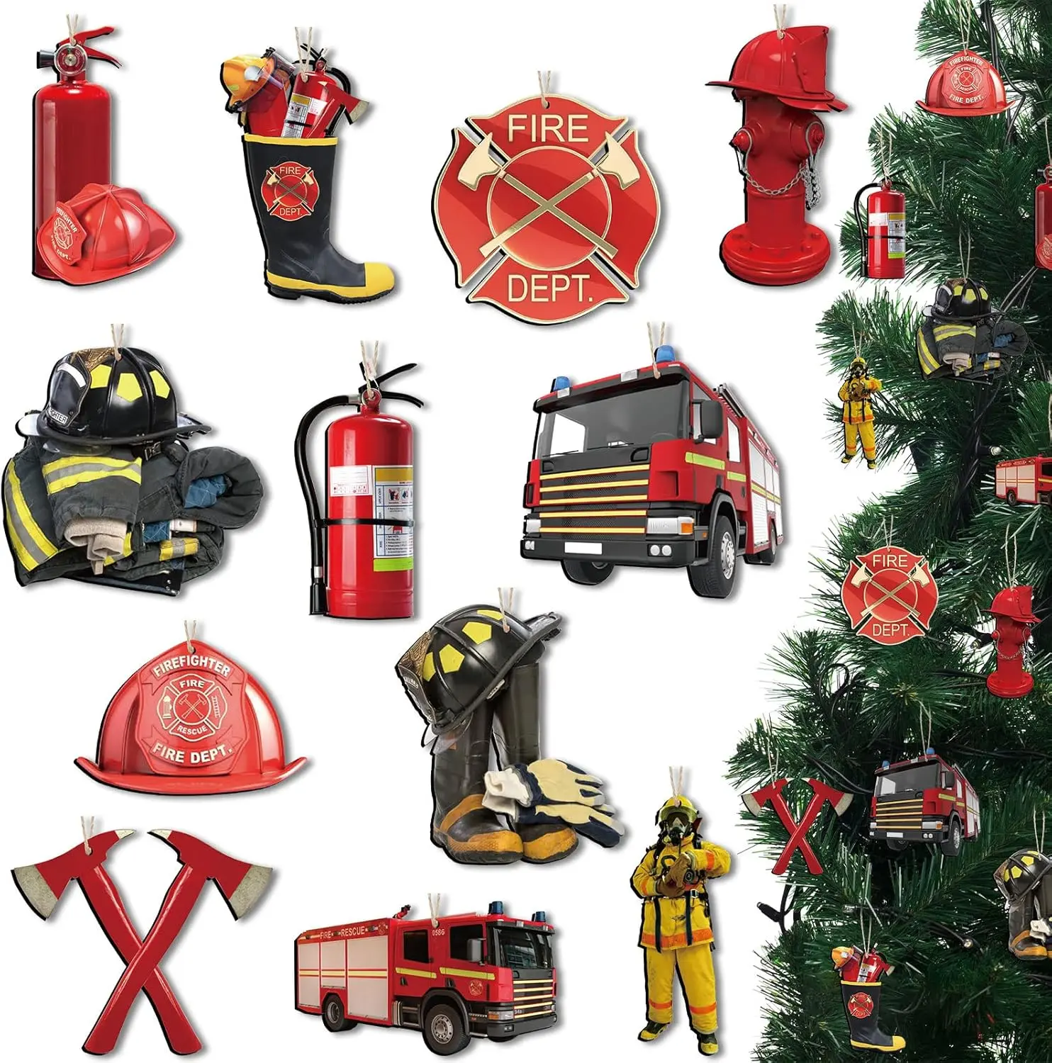 36 Pcs Christmas Firefighter Ornaments Fireman's Helmet Uniform Fire Hydrant Extinguisher Truck Dept Boot Wooden Hanging Ornament for Christmas Tree Decor Firefighter Gift