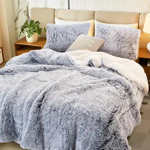 Luxury Faux  Shaggy Fluffy Comforter Set Full/ Size Mixed Gray and White Long Hair, 3 count Plush Flannel Sherpa Backing Reversible Soft Microfiber Bedding Set Super Warm for Winter
