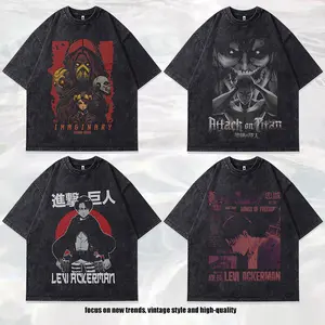 Attack on Titan Levi Ackerman Print T-Shirt Vintage Washed Black Anime Tee