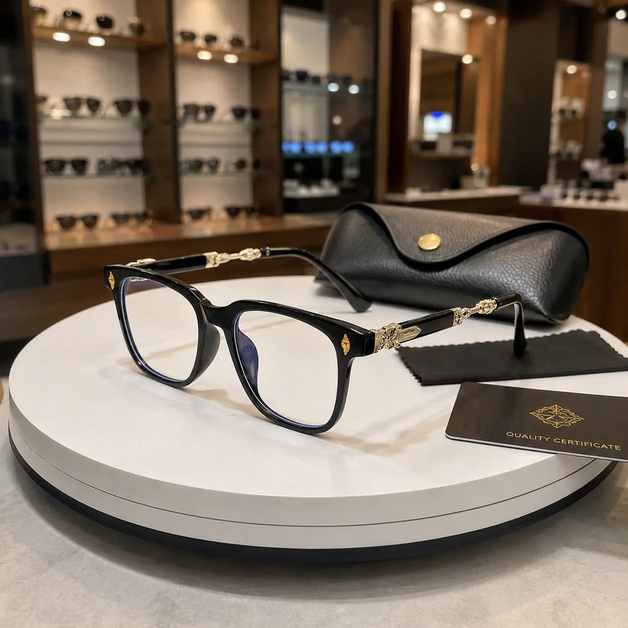 Chrome Hearts Black Square Eyeglasses, Glossy Black Frame, Gold Gothic Temple Detail, Luxury Vintage Style for Adults, Ships in 5–7 Days