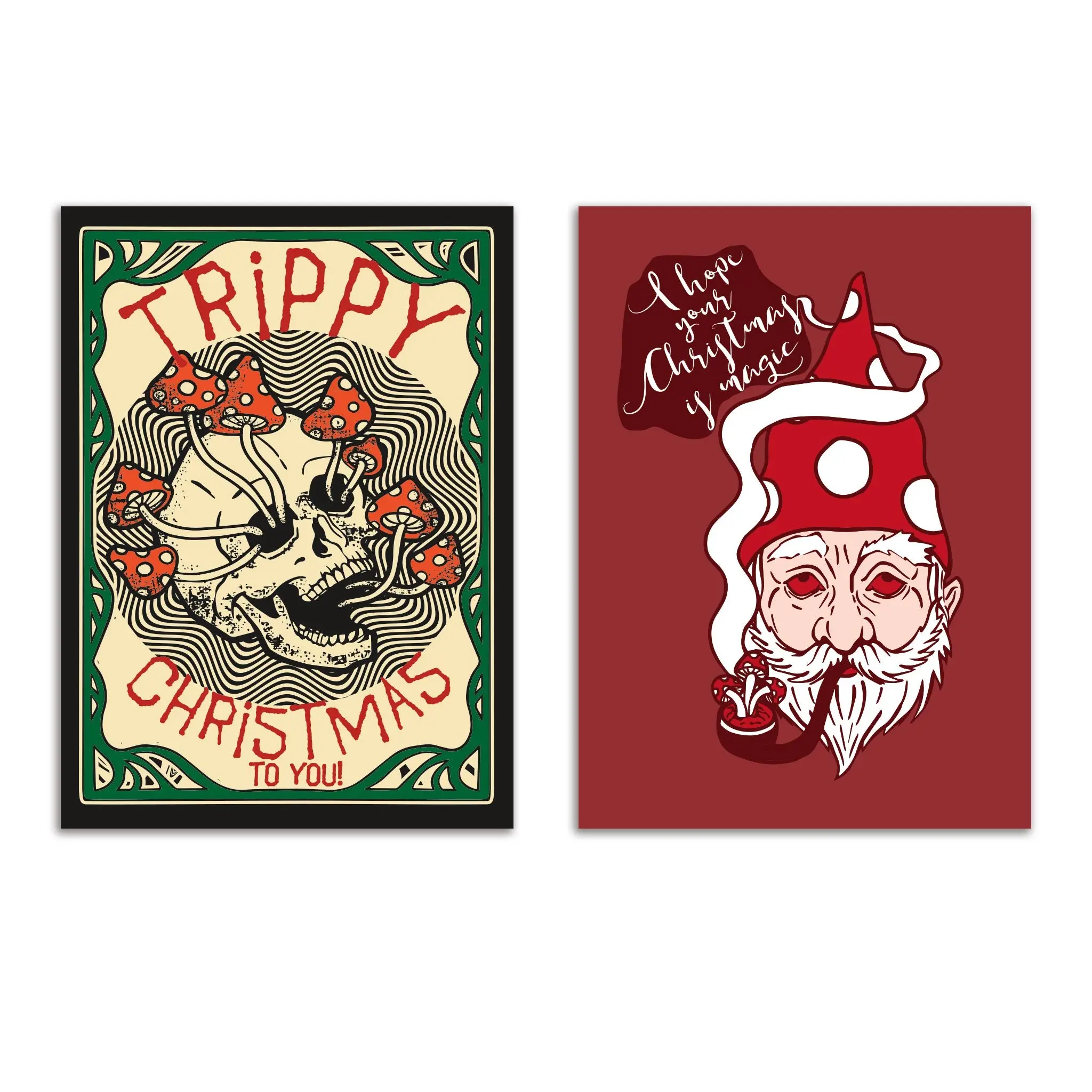 24 Trippy Christmas Cards with Mushrooms and Cannabis in 2 Psychedelic Illustrations + Envelopes