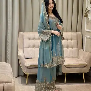 Designer Moss Silk Sequin & Zari Thread Embroidery Work Top Palazzo with Dupatta | 3-Piece Eid, Festive and Partywear