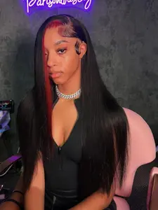 Black Red Highlight 13x4 Lace Front Wig Free Part Pre Plucked Natural Hairline Heat-Resistant Synthetic  Straight Wig Concert Look Wig Coachella Festival Look Lace Frontal Wigs for Women Daily Wear 28 Inches