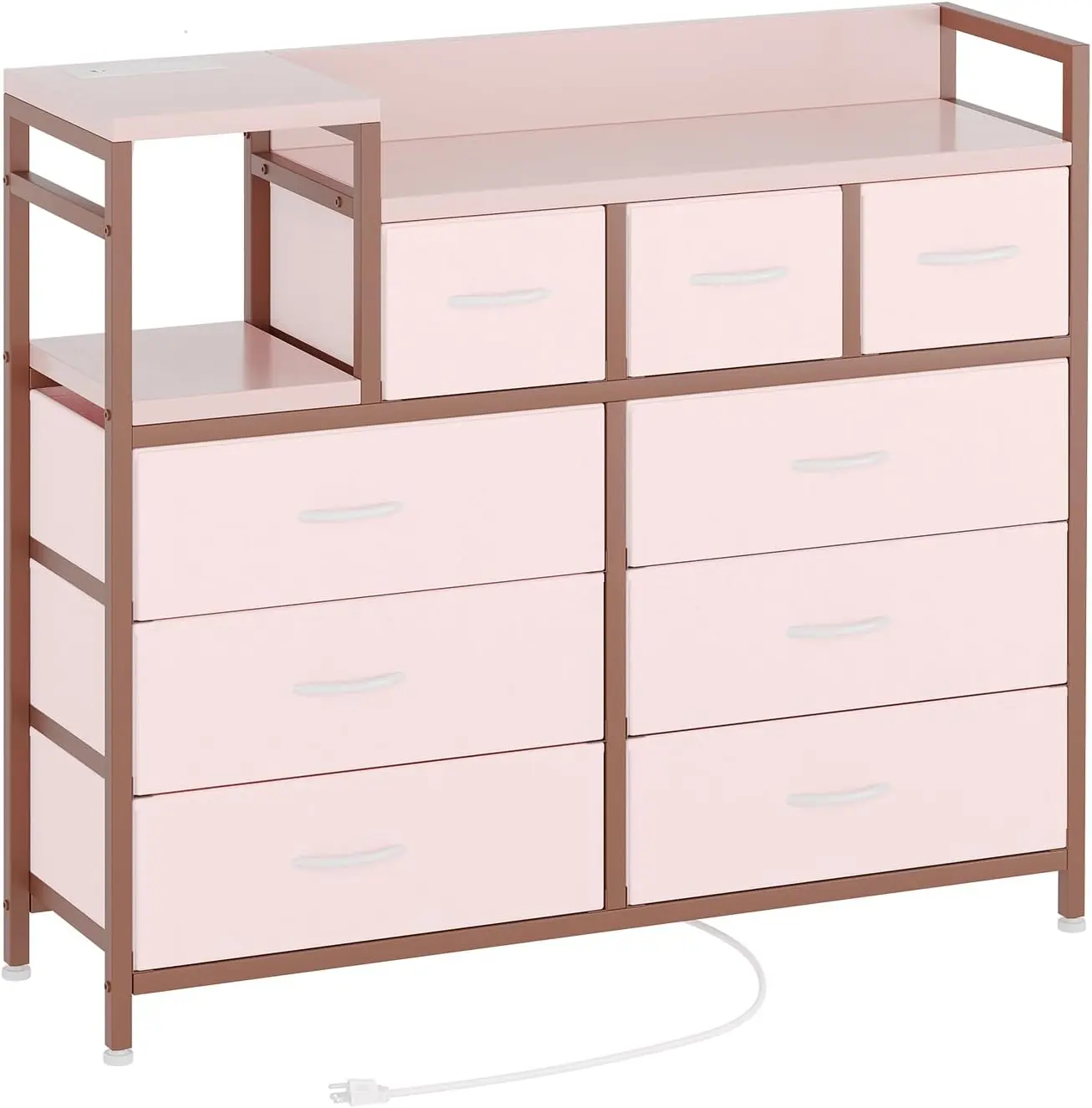 39" Fabric Drawer Dresser with Charging Station, Modern Storage Chest of Drawers with 9 Drawers and Shelf, TV Stand Dresser for Bedroom, Living Room, Hallway
