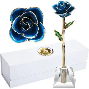24K Gold Rose in Dipped,24K Gold Real Rose Gift for Her, Long Stem Rose Made from Real Gold Rose for Anniversary Valentines Mothers Day Birthday (Deep Blue with Crystal Vase)