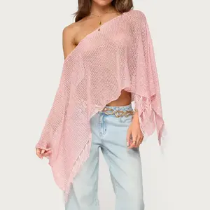 Women’s Crochet Cover-Ups with Tassels — Loose, Solid Color, Off-Shoulder Openwork Swimsuit Cover-Up Tops
