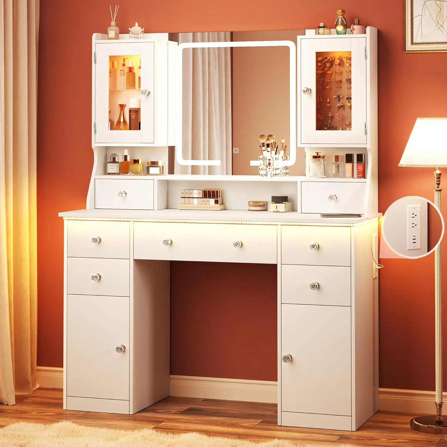 Vanity Desk with Led Mirror and RGB Lights, 42" Makeup Vanity Desk with Power Outlet, 3 Colors Lighting Adjustable Brightness, 7 Drawers & 2 Large Cab