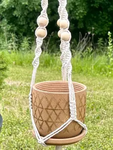 Customizable wooden bead and cream macrame plant hanger