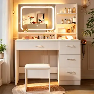 White Makeup Vanity Table with Lighted Mirror, Elegant Vanity Desk with Storage Drawers, Modern Dressing Table for Women, Ideal for Bedroom Dorm Living Room