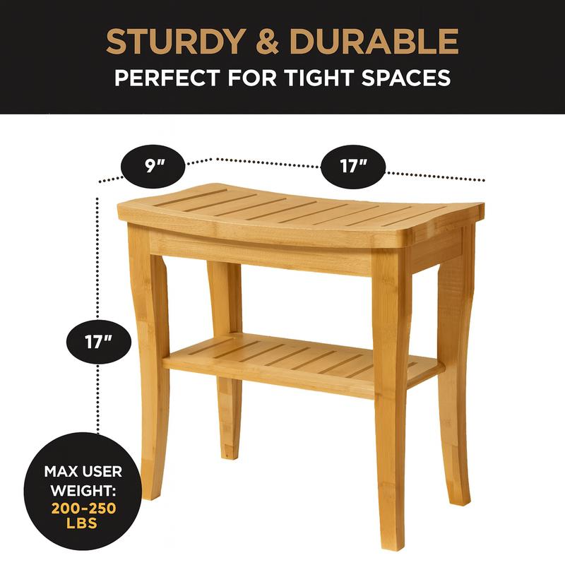 Bamboo Shower Bench with Storage Shelf – 17" Waterproof Bathroom Stool with Non-Slip Feet, Spa Seat & Footrest – Portable Bath Bench for Shower, Indoor and Outdoor Use