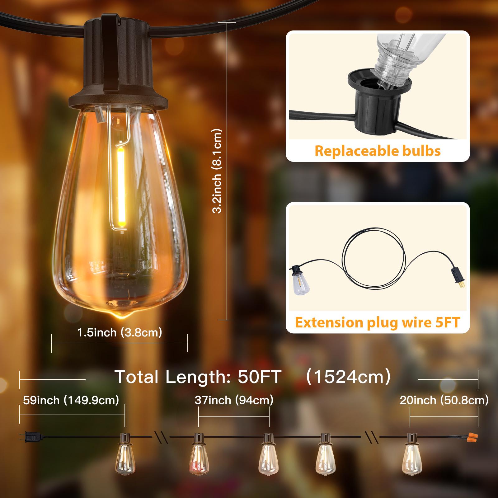 IP54 Waterproof LED Outdoor String Lights - ETL Listed, Shatterproof ST38 Bulbs, Dimmable & Connectable, Warm White For Garden, Porch, Patio, Balcony, Backyard, Bistro, Party & Holiday Gift