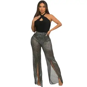 Halter Neck Silver Metallic Cheetah Print Leg Jumpsuit.