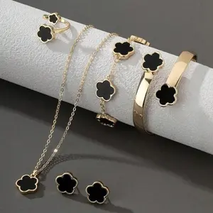 6pcs/Set Lucky Four - Leaf Clover Bracelet in Alloy Tone | Double - Sided Mother - of - Pearl, New OL Style, European and American Fashion Women's Elegant Vintage Jewelry Set - Versatile Elegant and Fashion Jewelry for Party