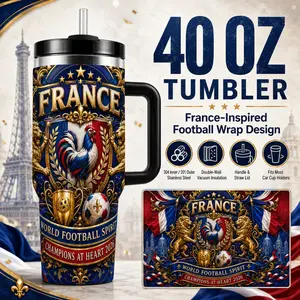 France Fans 40 oz Insulated Tumbler with Handle and Straw Lid, Double Wall Stainless Steel Travel Mug, 304 Food Grade Inner & 201 Outer Steel, Leak Resistant Large Capacity Cup for Car, Office, Travel, Sports, France Style Football Design