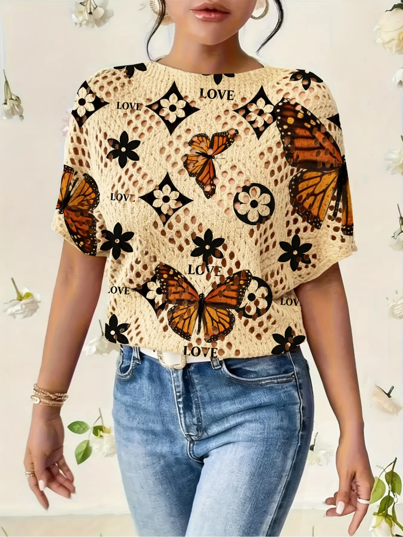 Women's Geometric Floral Butterfly Letter Print Unique Pattern Elegant Chic Fit Round Neck Sweater, Casual Batwing Sleeve Knit Top, Comfortable Warm Spring Fall Wear, Fashion Knitwear, Womenswear Knitwear