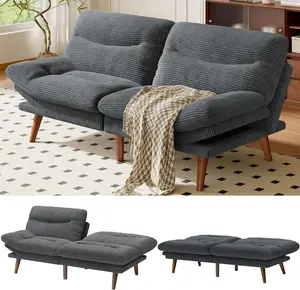 Amada 66" Convertible Futon Sofa Bed, Corduroy Folding Futon Set with Adjustable Backrest &Armrests, Recliner Lounge for Living Room, Apartment or Office, Solid Wood Frame, Loveseat Sofa - Grey