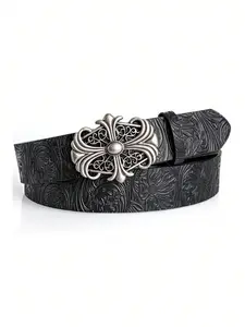 1pc Boho-Chic Faux Leather Belt with Vintage Oval Hollow Buckle, Stylish Accessory for Jeans Dresses & Casual Wear