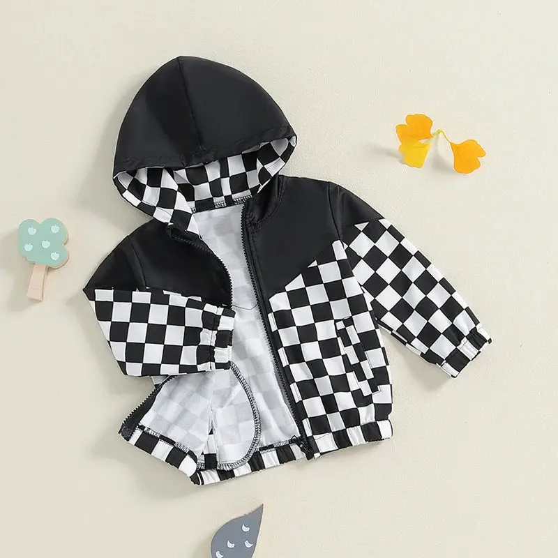 MOMSTAG Toddlers Checkerboard Zip-Up Winter Hooded Jacket