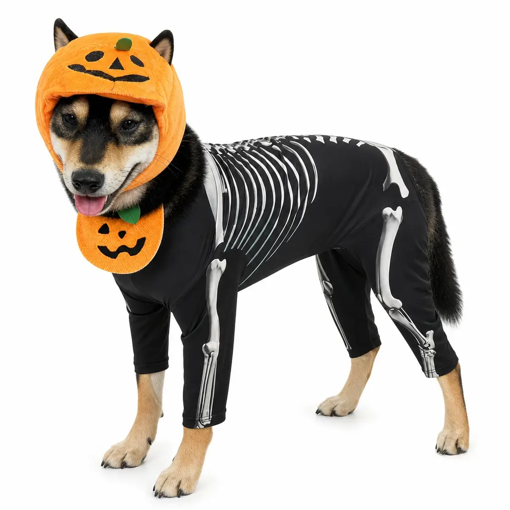 Halloween Dog Costume Set, Skeleton Jumpsuit with Pumpkin Hood and Bib, Adjustable Pet Cosplay Outfit for Dogs