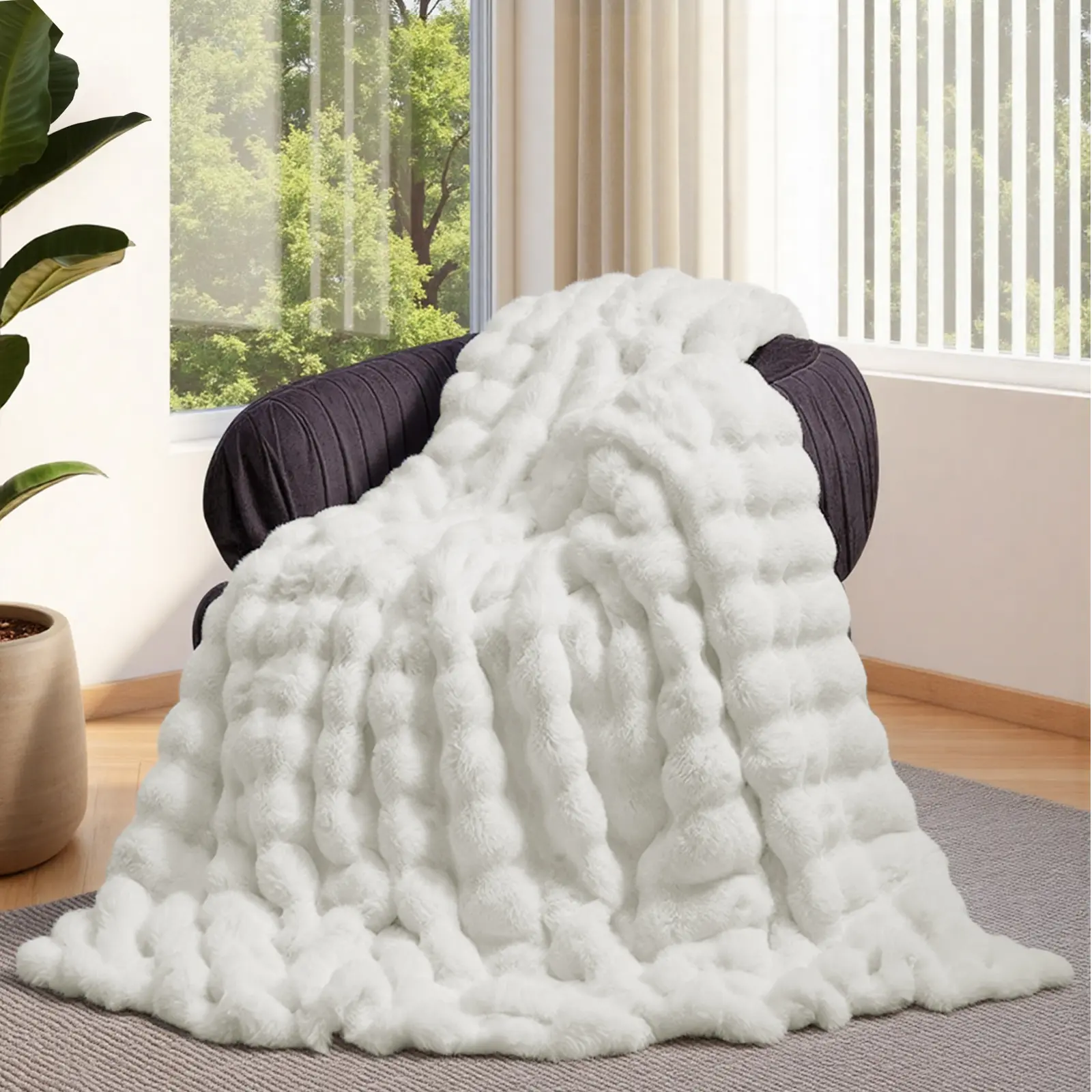 Lotus Karen Faux Fur Throw Blanket - Big Bubble Rabbit Fluff Blanket for Couch, Fluffy Fuzzy Cozy Blanket, Thick Furry Plush Shaggy Blankets
