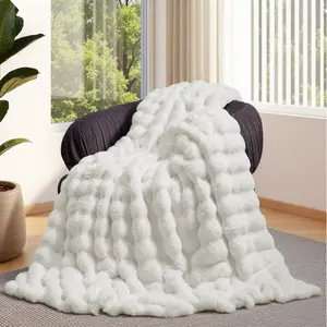 Lotus Karen Faux Fur Throw Blanket - Big Bubble Rabbit Fluff Blanket for Couch, Fluffy Fuzzy Cozy Blanket, Thick Furry Plush Shaggy Blankets