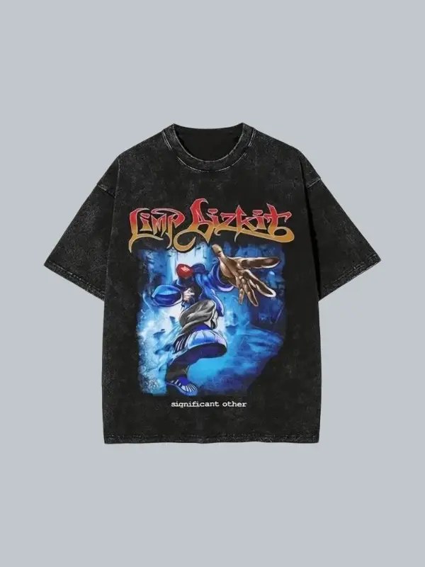 Men's Retro Pattern T-Shirt - Soft Cotton Crew Neck T-Shirt, Limp Bizkit Design, Loose Fit Short Sleeve Shirt Casual Wear, Black, All-Season T-Shirt|Casual Style T-Shirt|plaid fabric-washed cotton men's T-shirt 230g billabong shirt Menswear Top Crewneck R